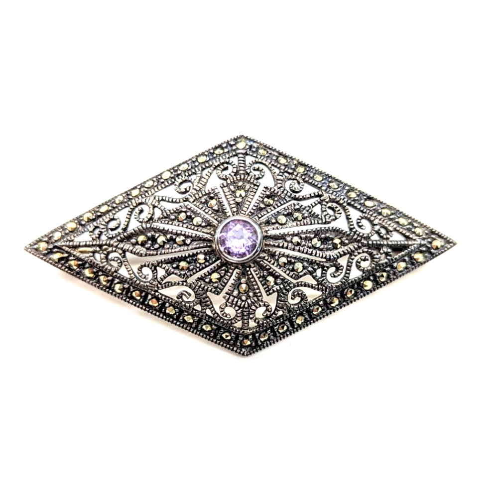 Vintage Sterling Silver Marcasite Amethyst Colored Stone Art Deco Style Pin Brch